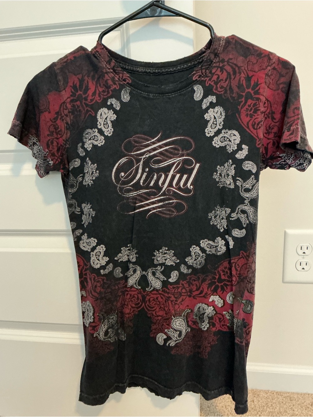 Sinful Black Tee with Burgundy & Silver Paisley Details